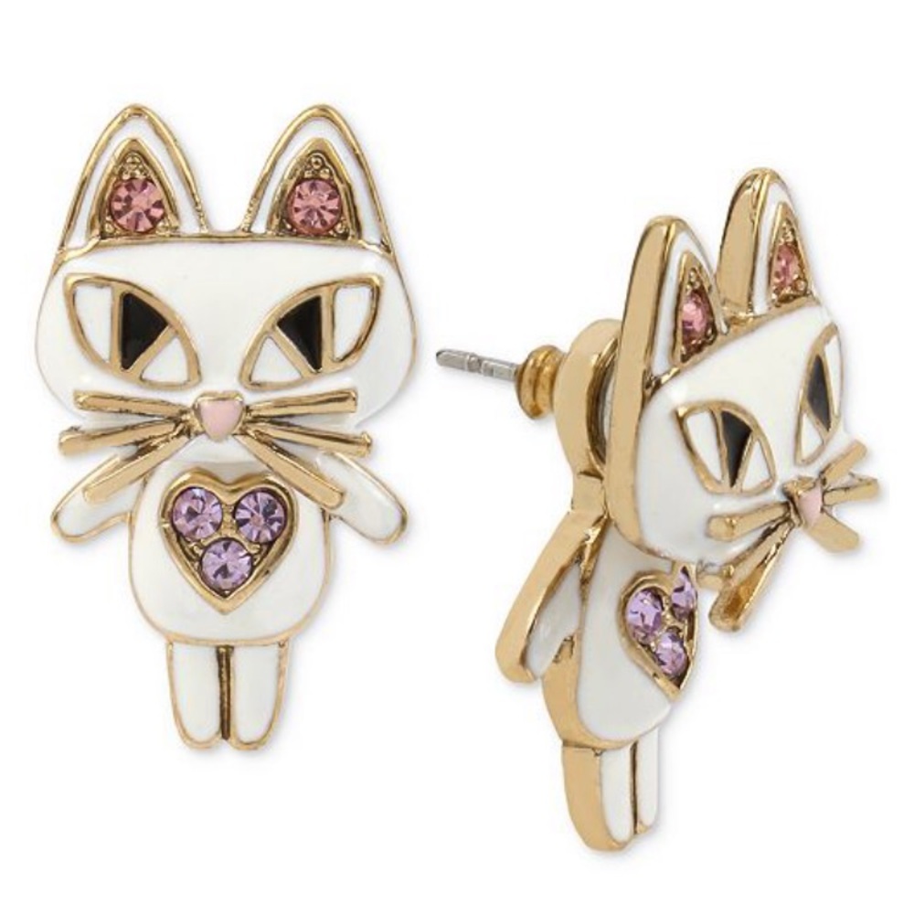 Betsy Johnson Gold Tone White Enamel Cat Earrings